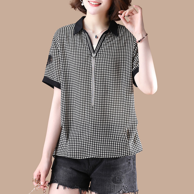 Chiffon Shirt Moisture Checker Shirt V-neck Summer New Loose Top