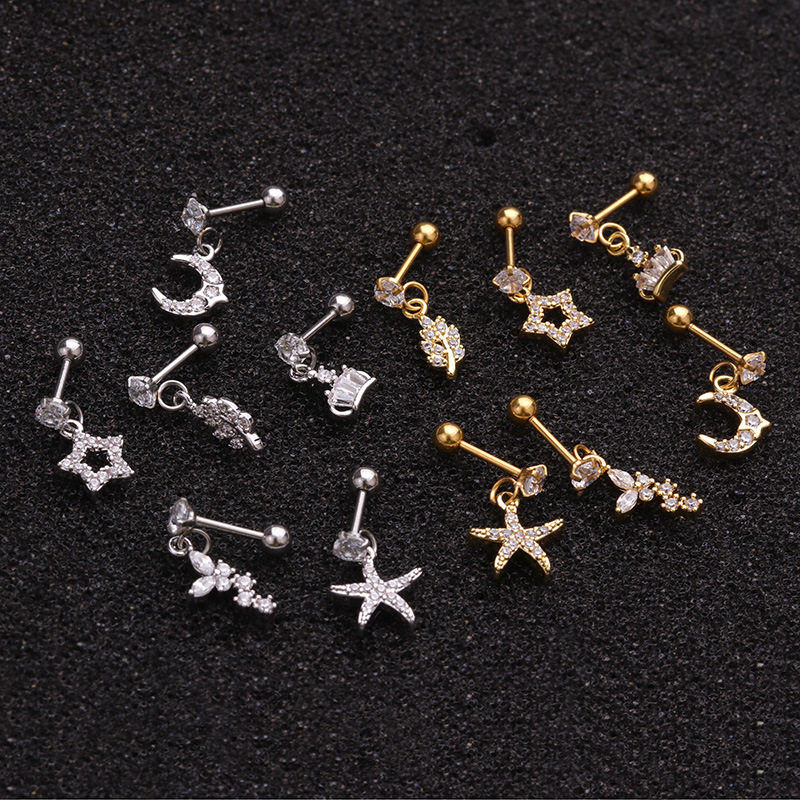 Cross-Border New Stainless Steel Screw Earrings European and American Zircon-Inlaid Pendant Ear Bone