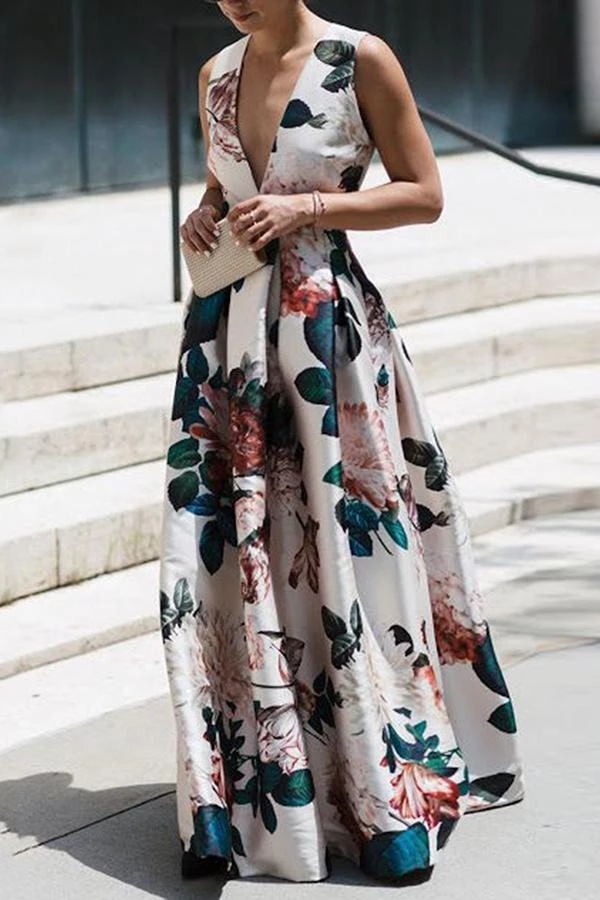 385g Weight Maxi Long Dress Dress Length Type Sleeveless Sleeve Length Wholesale Women's Vacation Printing Printing Holiday Daily Beach V Neck Sleeveless Princess Dress