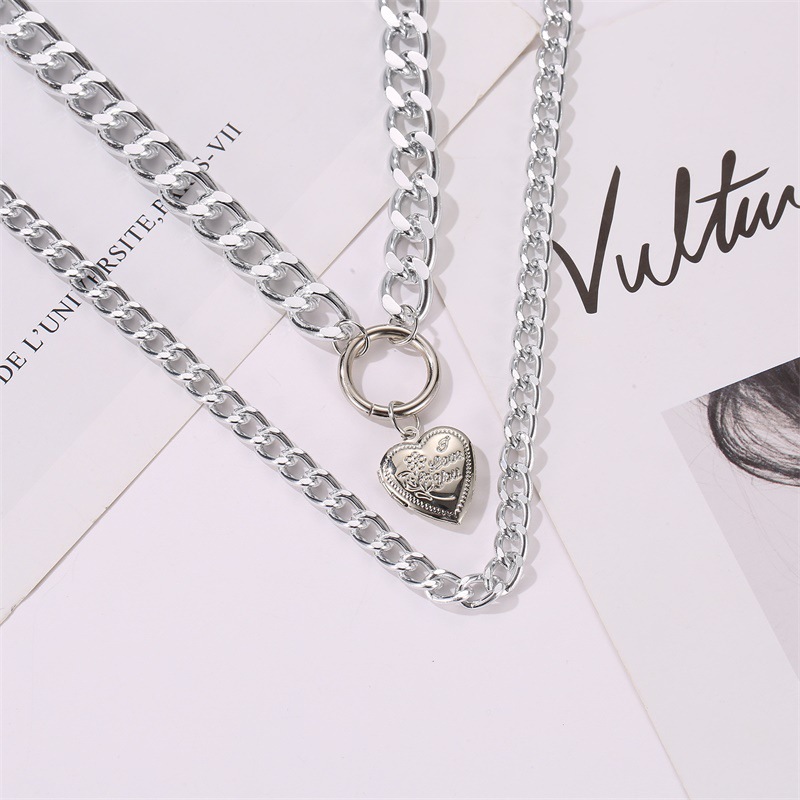 Fashion Double Love Pendant Exaggerated Thick Chain Necklace Sweater Chain display picture 5