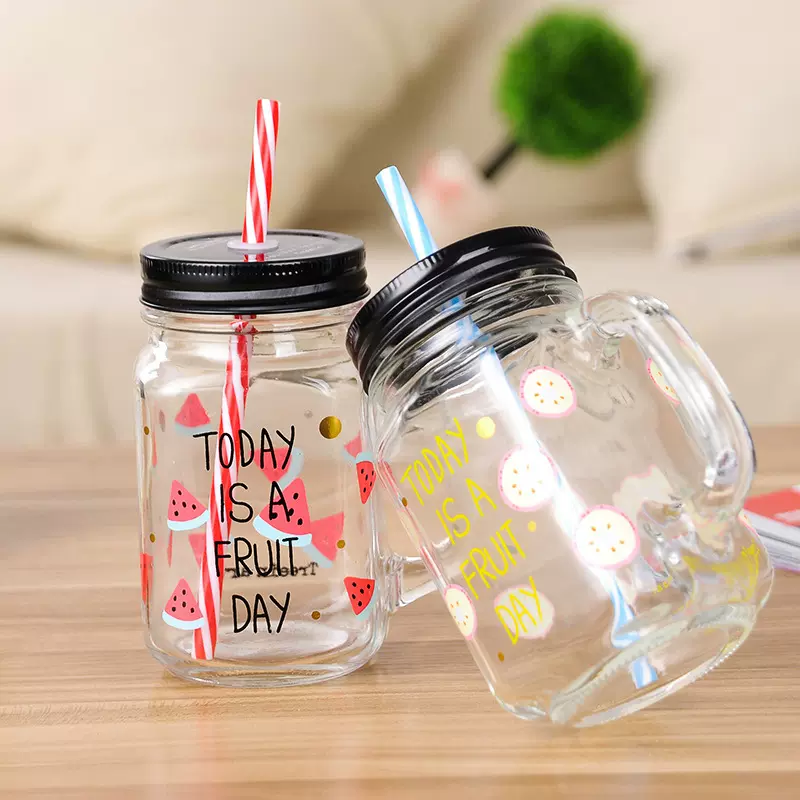 制做 出口玻璃罐 玻璃梅森罐吸管 饮料梅森罐 带把玻璃罐