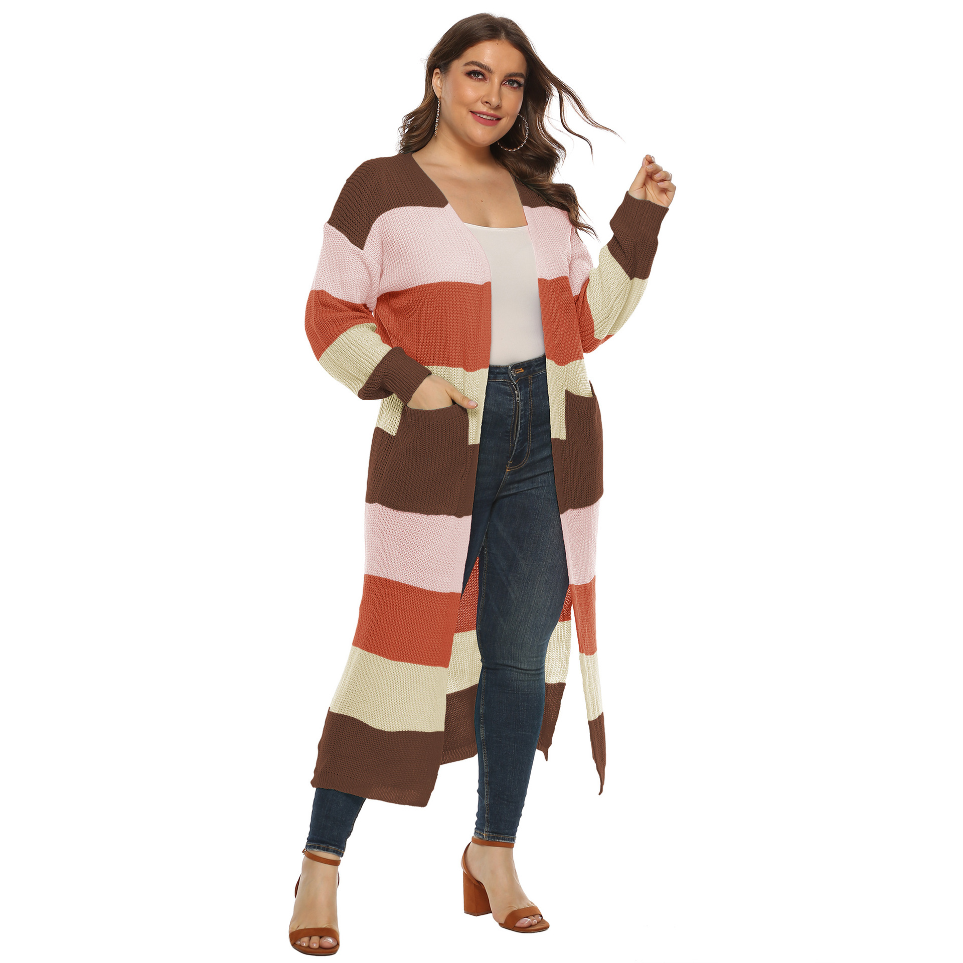 Plus size stitching color knit cardigan NSOY46122