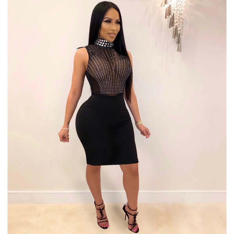 2021 European and American Amazon Independent Site European and American Sexy Hot Diamond See-Through High-Neck Evening Dress Hip-Covering Dress