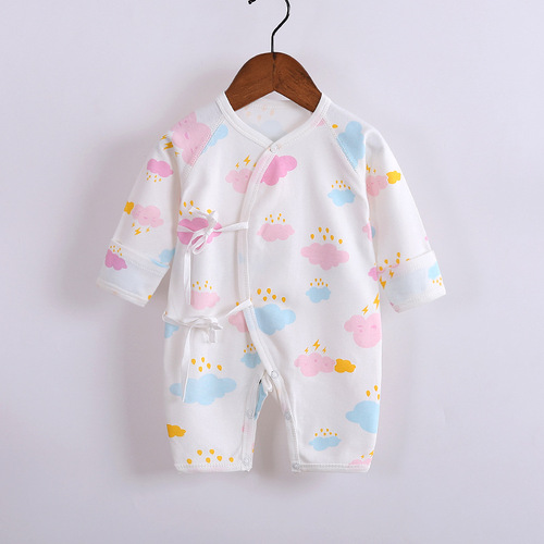 Baby long-sleeved pure cotton butterfly clothing newborn lace-up crawl clothing cartoon printed jumpsuit baby four-season monk clothing