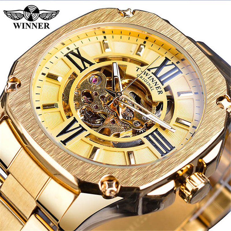 WINNER correa de acero casual para hombres reloj mecánico automático cuadrado hueco transparente inferior moda reloj mecánico Oro