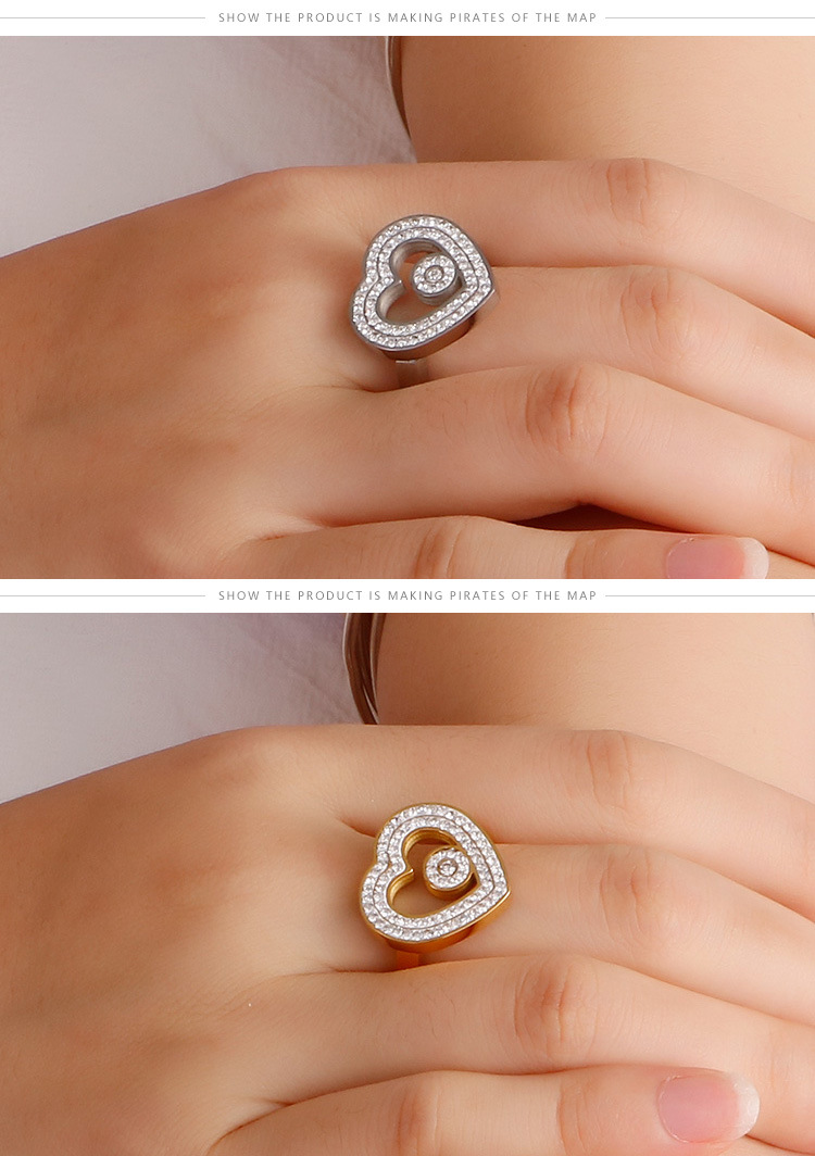 18k Corée Simple En Acier Inoxydable Creux Coeur Incrusté Zircon Anneau En Gros Nihaojewelry display picture 7