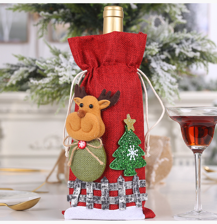 New Christmas Decorations Sackcloth Snow Cartoon Drawstring Wine Bottle Cover Lattice Doll Wine Bottle Bag Wholesale display picture 5