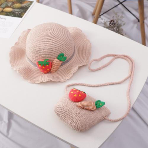 Small fresh wavy edge children's straw hat summer girl travel versatile beach hat sun hat hat bag set