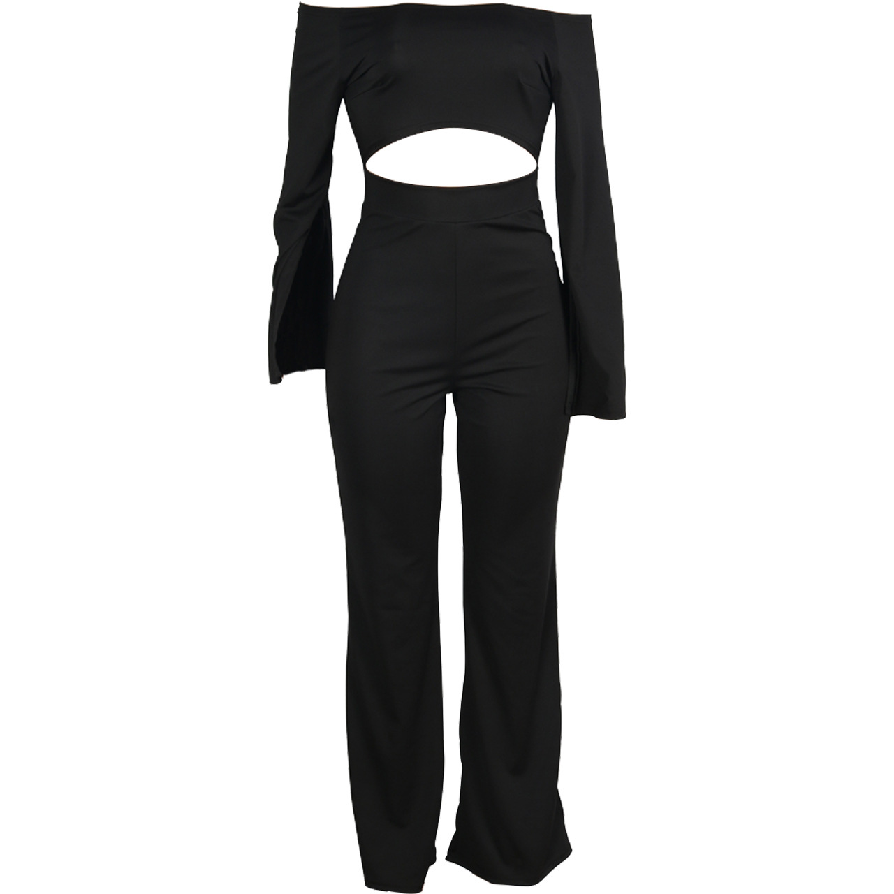 Boutique Casual Solid Color Long Sleeves Cropped off Shoulder Jumpsuit
