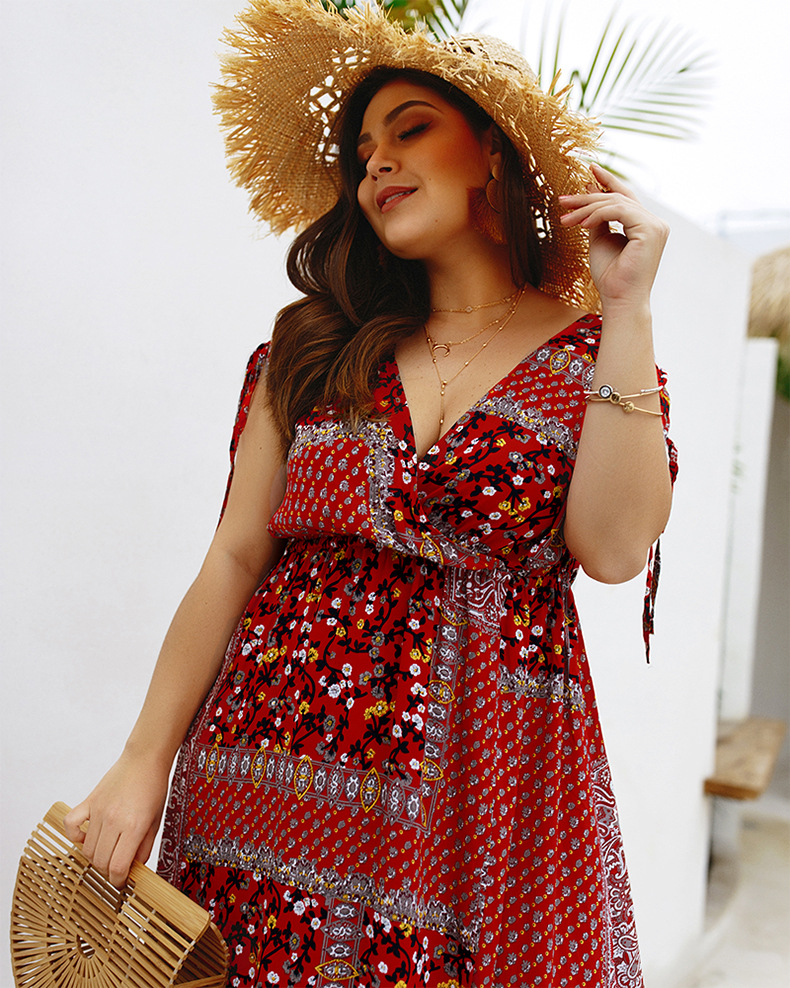 spring and summer bohemian short-sleeved lace-up dress NSQH7959