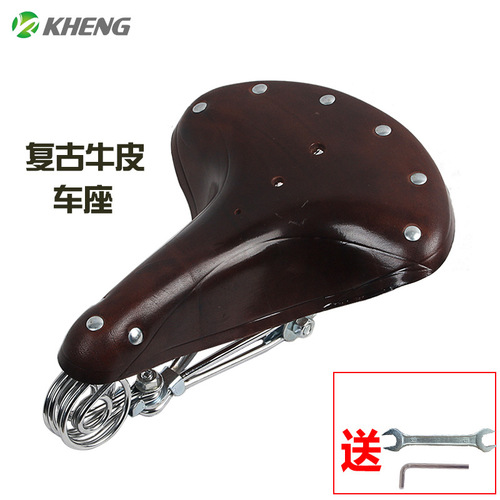 Bicycle cowhide seat cushion mountain bike retro saddle riding elephant trunk spring real cowhide equipment old style seat cushion