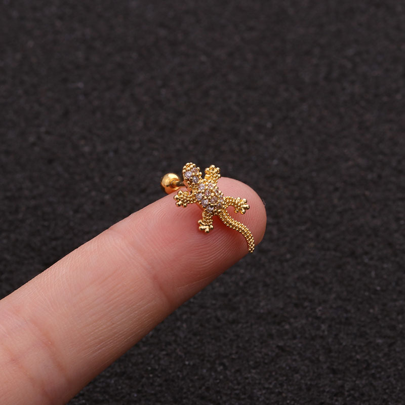 Personality Gecko Thin Rod Zircon Copper Earrings Wholesale display picture 7