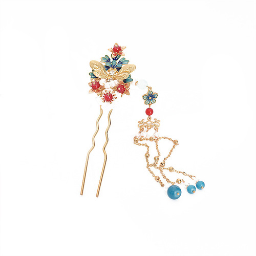 Hanfu hairpin and hair accessories set, ancient style headwear, full traditional costume, mythical ambiance, flowing tassels, hair swings, hairpins, hair combs