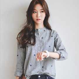 韩版小清新条纹立领衬衣树叶刺绣显瘦长袖大码打底衬衫女