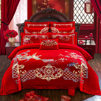 100长绒棉高档刺绣床盖式婚庆六件套大红喜庆绣花多件套眠安国际|ru