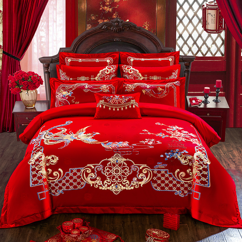 100长绒棉高档刺绣床盖式婚庆六件套大红喜庆绣花多件套眠安国际|ru