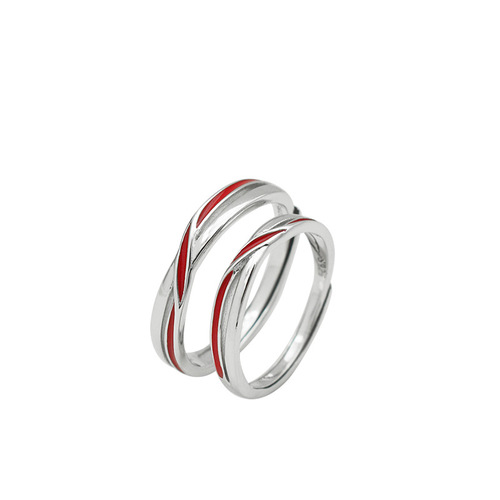 Custom Engraved S925 Pure Silver Red Thread Couple's Rings for Men and Women - Unique Design Open-mouth Matching Bands