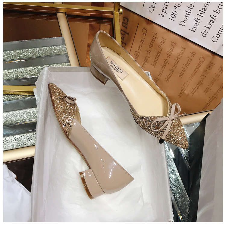 2026 Autumn New Women's Shallow Mouth Single Shoes, Pointed Toe, Color Block, Top Quality Sequin Bow, Mid-Heel, Chunky Heel_vogvips.com