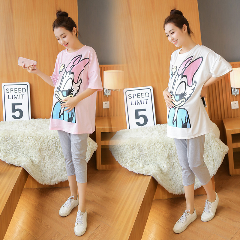 Pregnant Women's Suit Summer Two-piece Fashion Cartoon Donald Duck Printed Short-sleeved Top + Belly Leggings for Pregnant Women