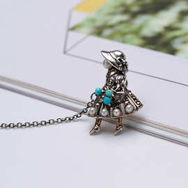 迷你淡水小珍珠加绿松S925泰银复古胸针