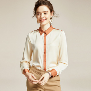 European and American early spring women’s fashion Lapel long sleeve mulberry silk shirt silk splicing top