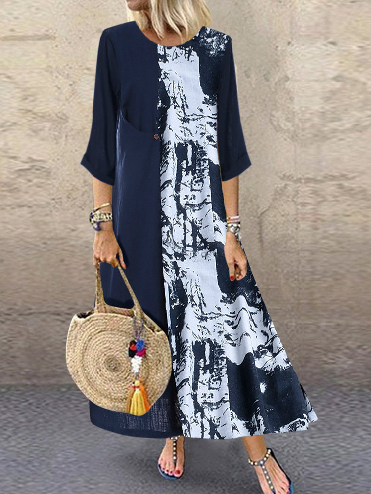 ebay亚马孙爆款复古风宽松显瘦圆领迷彩棉麻 七分袖连衣裙