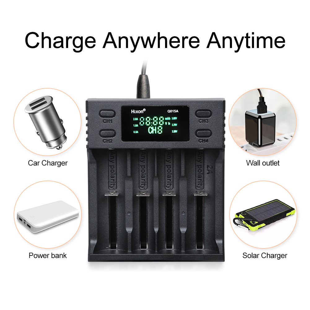 LCD锂电池充电器 4槽智能18650电池正反可接 5V/2A HIXON