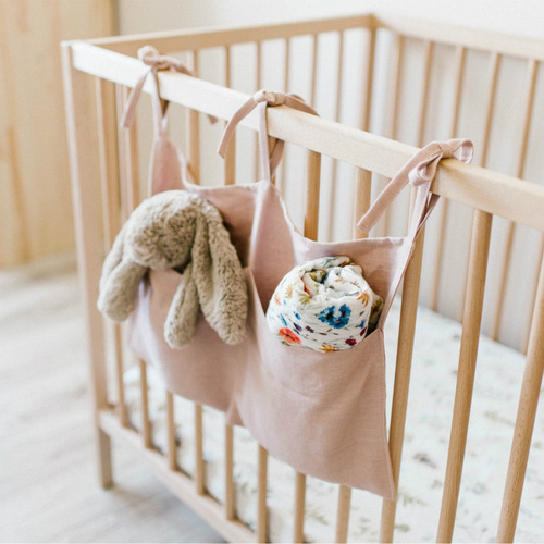 Infant bed storage pouch, linen double-grid storage pouch, multi-functional diaper bag, burp cloth storage bag, teething toy storage bag