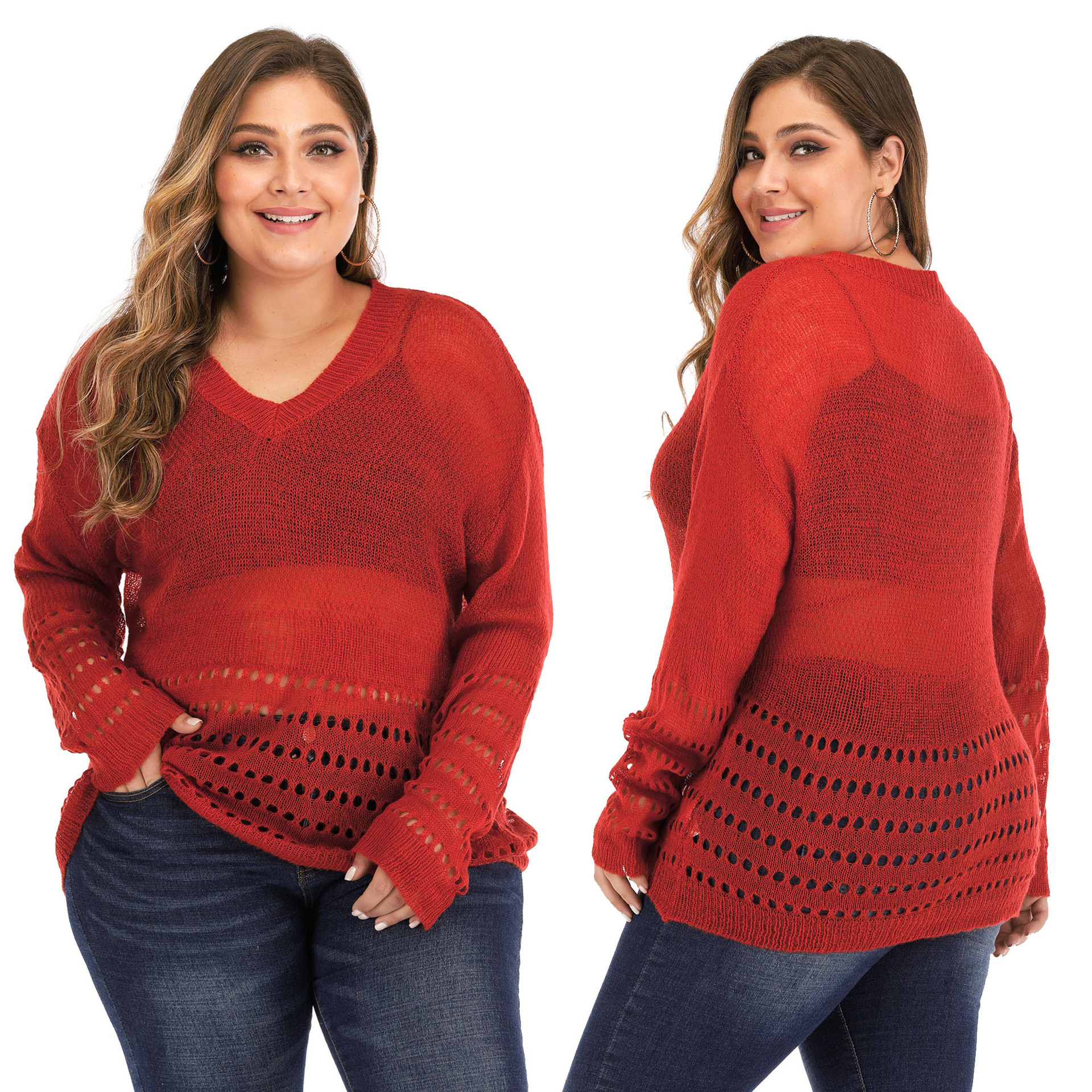 plus size thin hollow long-sleeved woven pullover NSOY51864