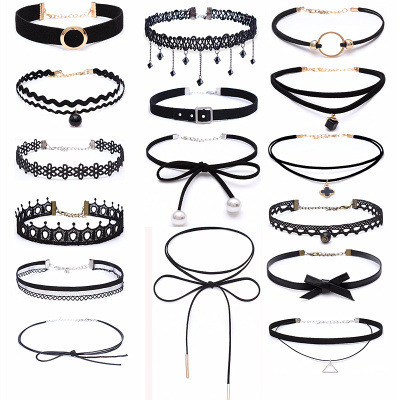 欧美choker短款颈链 吊坠配饰 双层蕾丝锁骨链项圈珍珠项链女