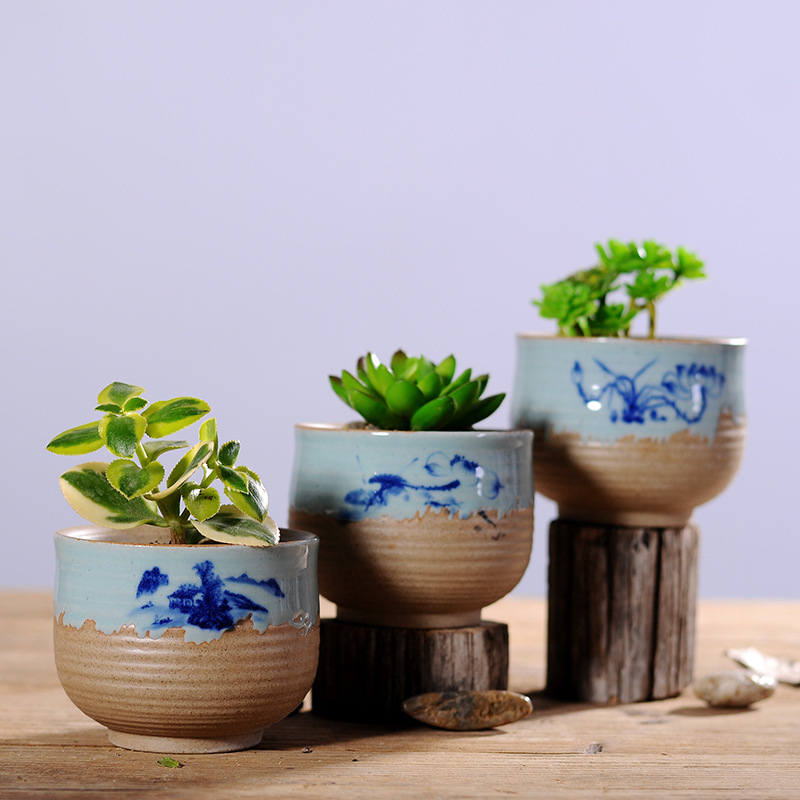 创意青瓷花盆 仿古釉下彩植物多肉花盆批发