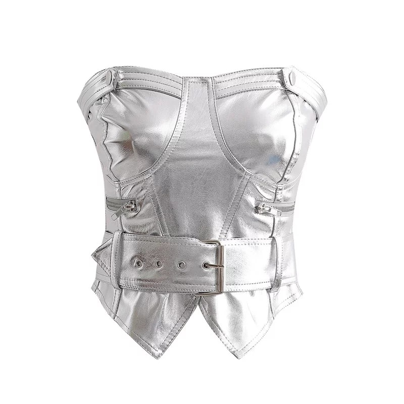 Sexy Strapless With Belt Waist Pu Leather Wrap Chest Tube Top NSZQW115390
