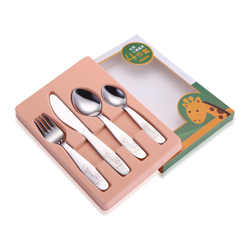 304 stainless steel children's western cutlery cartoon pattern knife, fork and spoon four-piece set spoon fork cutlery gift set