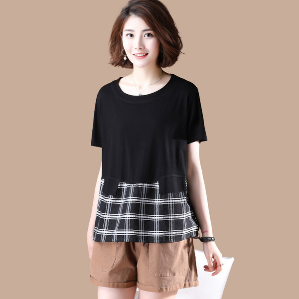 checked blouse round collar summer new loose stitching T-shirt 