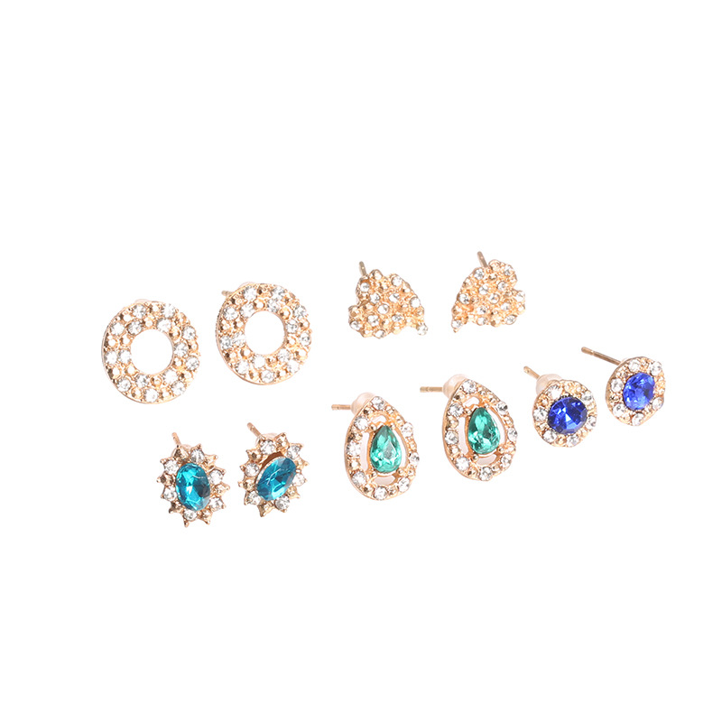 European and American Diamond Drop Round Oval Love Rhinestone Stud Earrings 5 Pairs Setpicture4