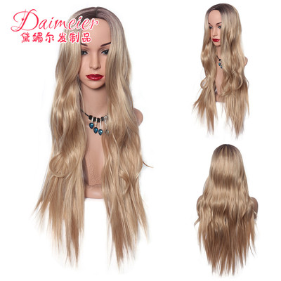 欧美时尚金色染色化纤假发头套长发中分女士大波浪长卷发假发套