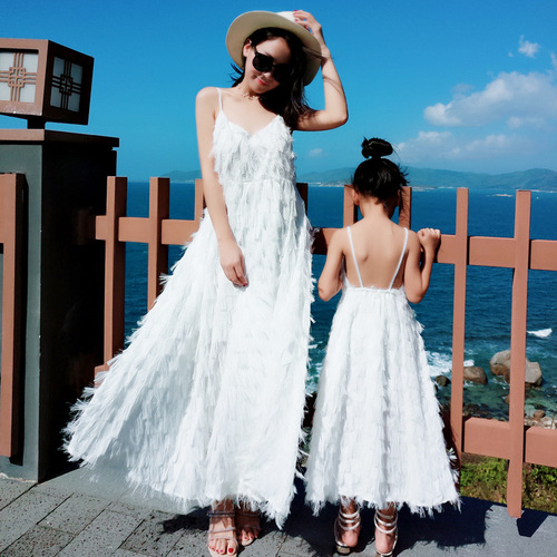 Parent-child summer wear  new style beach skirt seaside vacation white suspender backless feather long skirt dress