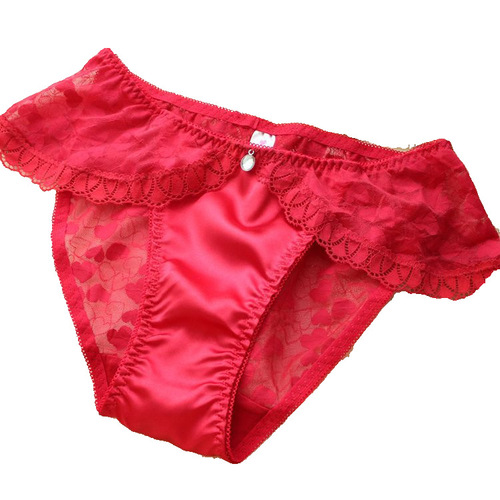 Winter New High-Elastic Satin Color Denim Women's Mid-Thigh Texture Heart-Shaped Mesh Triangle Panties
