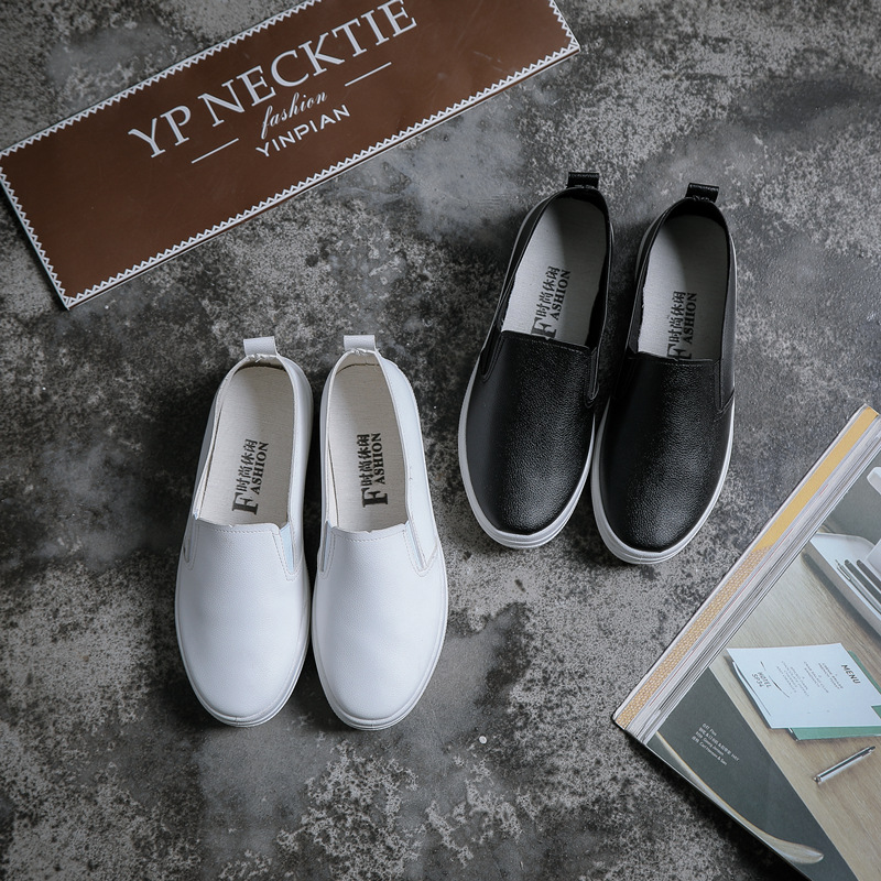 Cross border spring and autumn Women's Shoes Korean Edition student canvas shoe waterproof pu Flat bottom Lazy shoes Set foot leisure time Leather White shoes