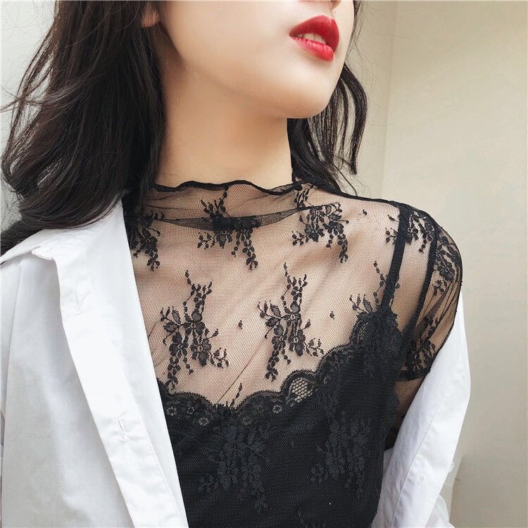 Super Fairy Lace Base Shirt Women's Spring and Autumn New Long-sleeved Sexy Hollow Mesh Top Half-high Collar Lace Shirt