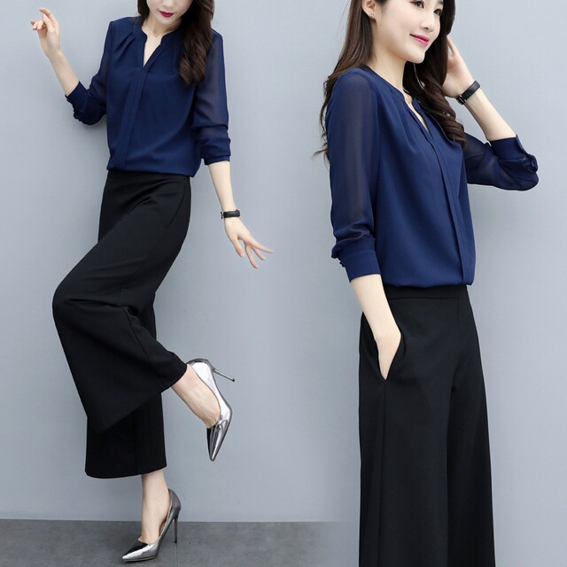 Spring two-piece pants Chiffon long-sleeved shirt wide-legged pants 