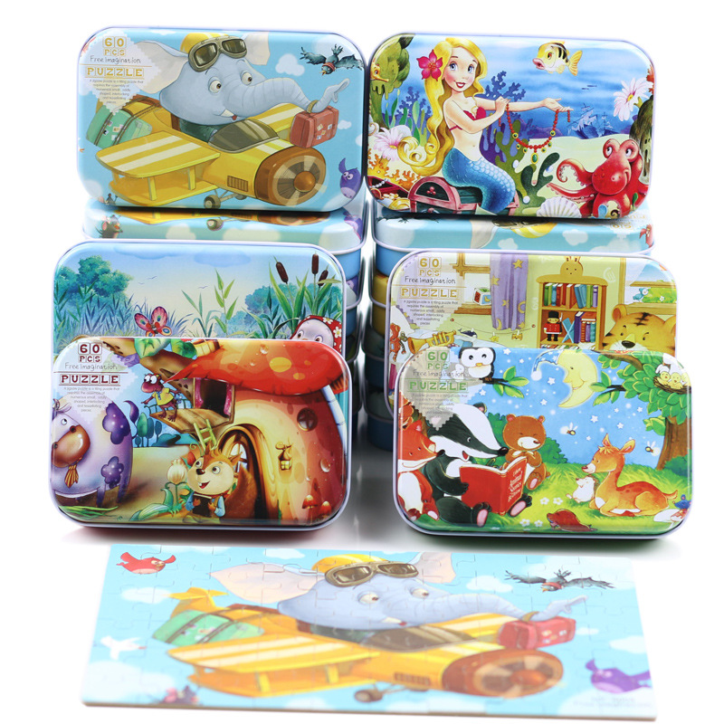 60 pieces of iron box wooden puzzle children's animation cartoon flat puzzle splash baby early education toy wholesale