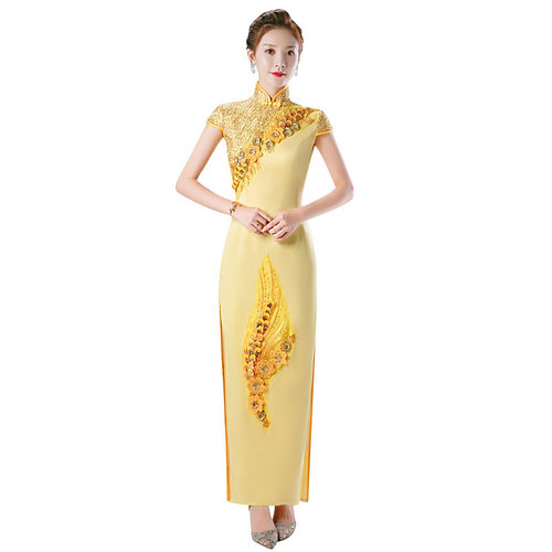 Chinese Dress Qipao for women cheongsam yellow three dimensional embroidery large stage performance cheongsam country