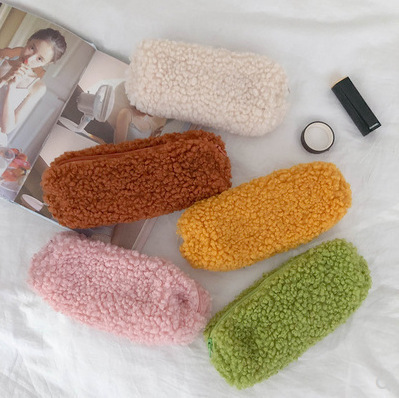 Korean style ins internet celebrity simple small fresh lamb plush pen bag avocado green student cute stationery storage bag
