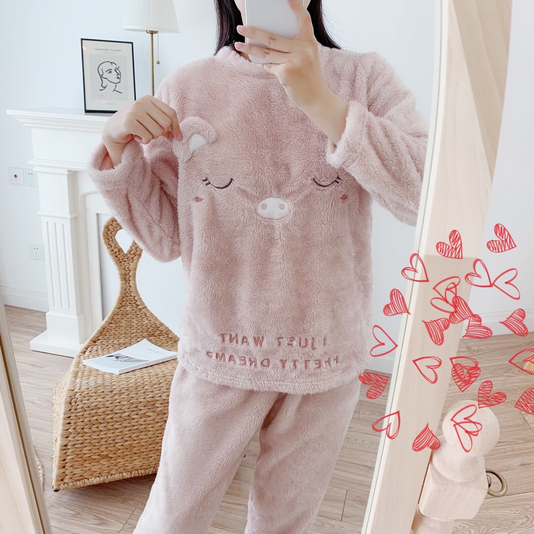 西班牙O家加絨長袖珊瑚絨睡衣女卡通豬豬柔軟保暖加厚家居服套裝