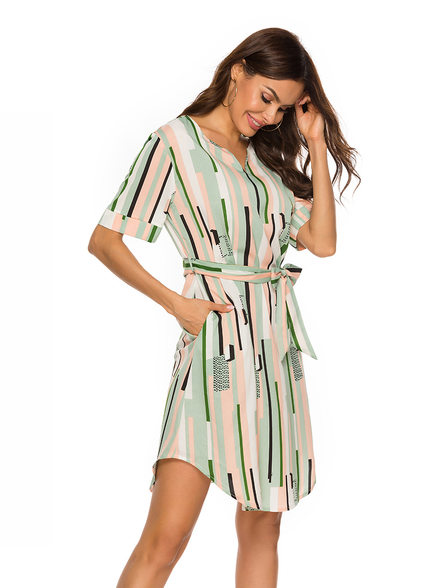   printing mid-sleeve slim-fit belted dress NSAL2925