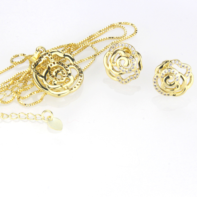 Rose Earring Necklace Set Gold Plated Platinum Plated Flower Zircon Pendant Ear Pins display picture 6