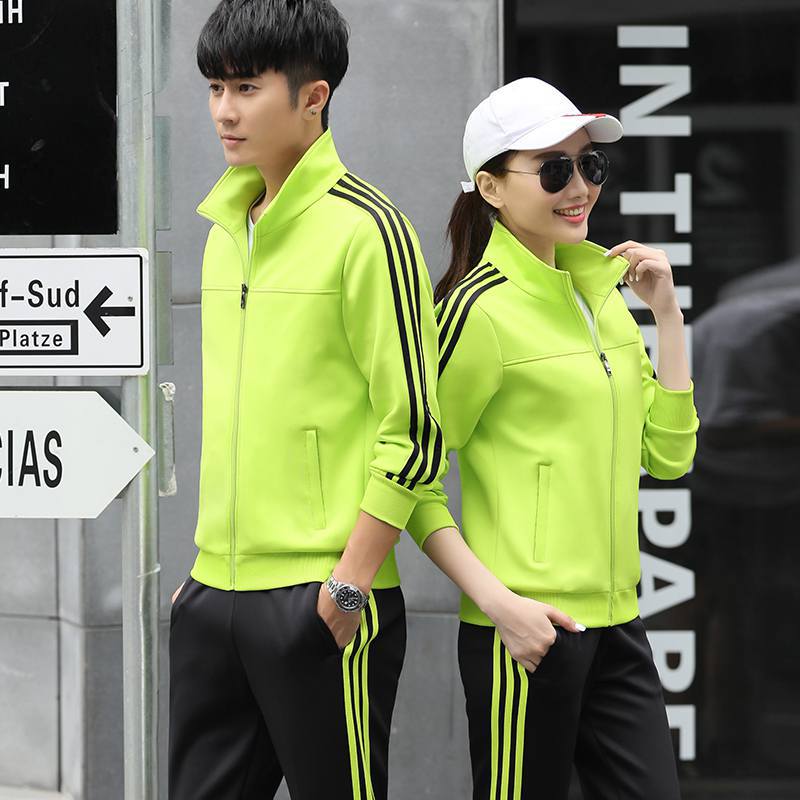 新款春秋套装男女情侣款三杠跑步锻炼团体服健身运动服大码两件套|ru