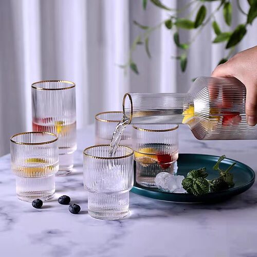 Gold edge hammered glass cold kettle striped kettle cold kettle juice jug explosion-proof household European style creative set