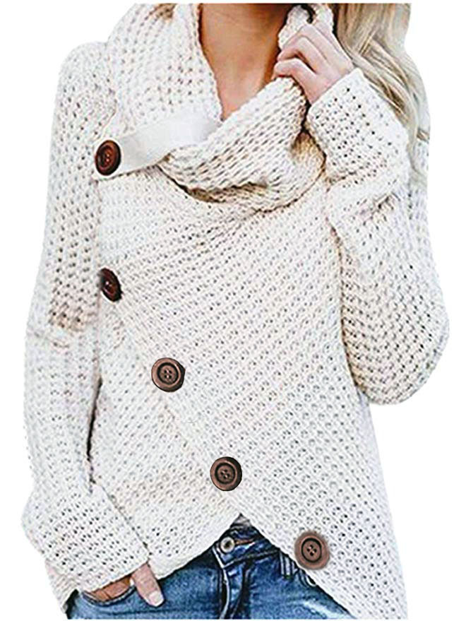 Ropa de punto de manga larga europea y americana eBay Amazon nuevo jersey de cuello alto de cinco botones de color sólido suéter de las mujeres